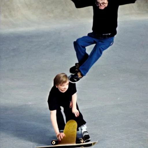 Prompt: Stephen Hawking doing tricks at a skate park