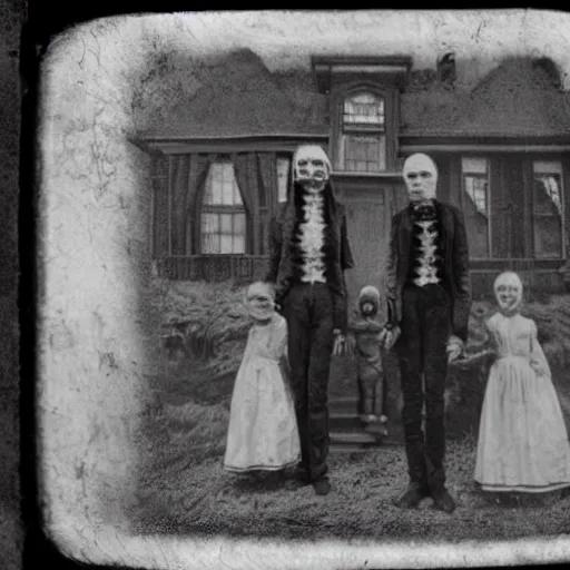 Image similar to creepy cursed daguerreotype portrait photo of a 1800's alien family standing in front of a Victorian house, Hyperrealism. Weirdcore