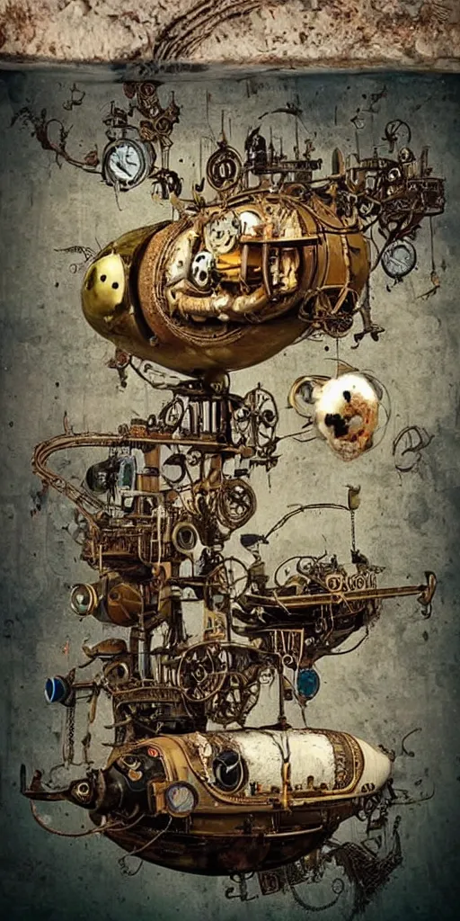 Prompt: a vintage steampunk living submarine by alexander jansson and where's waldo and leonardo da vinci