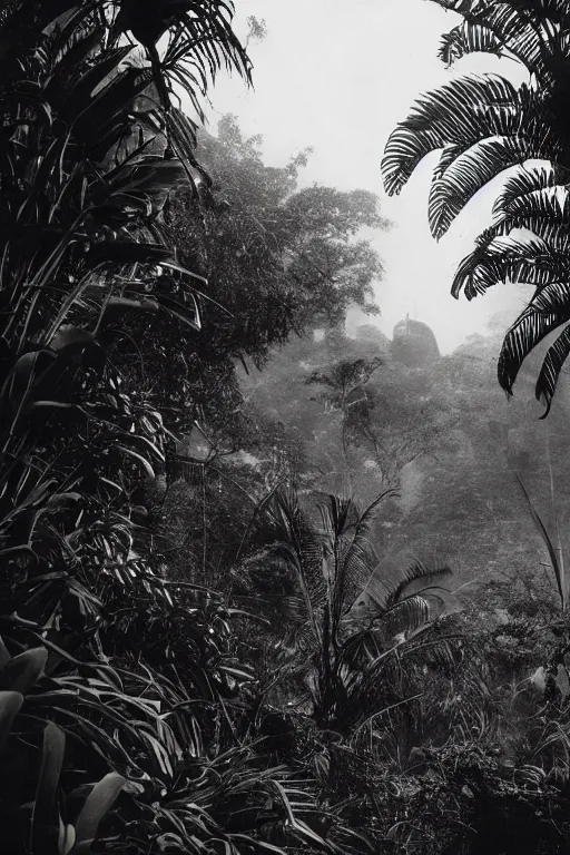 Image similar to year 1 9 0 0, photography, black and white, alien buildings, jungle