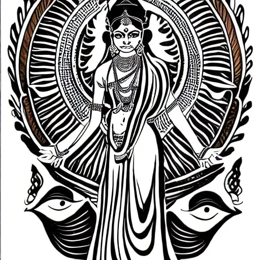 Image similar to Indian goddess lakshmi in a black ink tattoo style