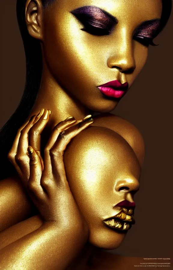 Prompt: Beauty woman black skin color body art, gold makeup lips eyelids, fingertips nails in gold color paint. Professional gold makeup, fantasy magic, undercut hairstyle, dark light night, intricate, elegant, sharp focus, illustration, highly detailed, digital painting, concept art, matte, art by WLOP and Artgerm and Greg Rutkowski and Alphonse Mucha, masterpiece