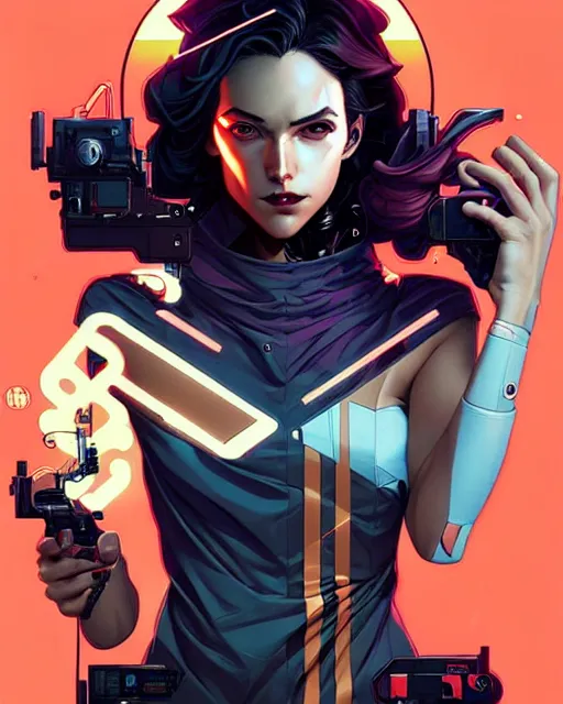 Image similar to artgerm, joshua middleton and sandra chevrier comic cover art, full body pretty female cyberpunk hacker, symmetrical eyes, long curly hair, beautiful, rim lighting, vivid colors