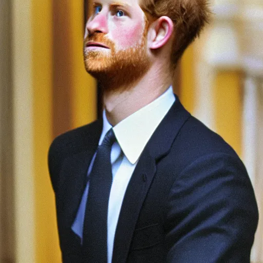 Prompt: color 35mm film still of Prince Harry, figure portrait