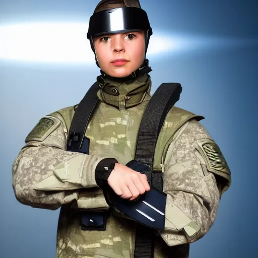 Image similar to a futuristic soldier captain with a metal visor and a blue shoulderpad