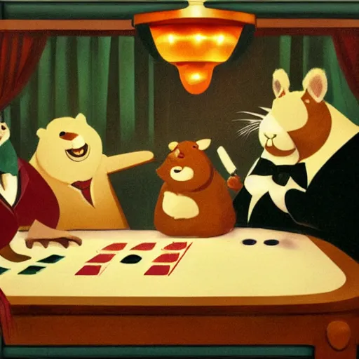 Image similar to fat animals gambling at a table with a single light overhead, dark room, smoke fills the room, roaring 2 0 s american art style