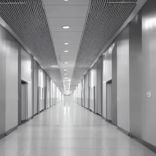Prompt: a photograph of a blank sterile white hallway with a single metal detector in the middle