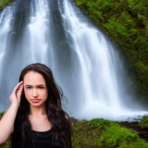 Image similar to a beautiful young woman, standing in a waterfall, hyper realistic, 8k, cinematic lighting, perfect symmetry, DSLR,