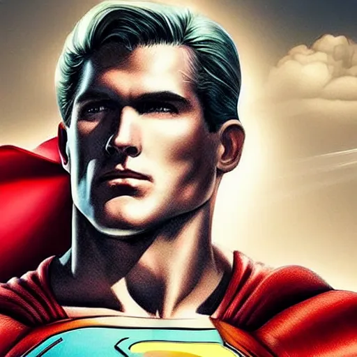 Image similar to hyper realistic portrait of superman with blonde two sides hair and thin face lines, his cape is the american flag