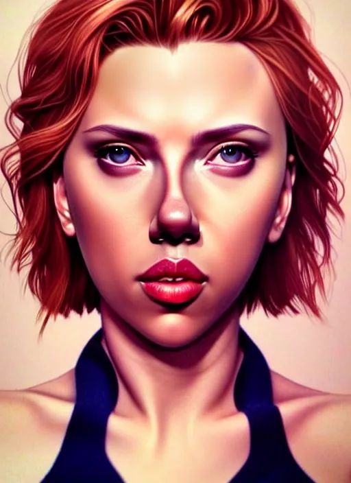 Prompt: full body gorgeous Scarlett Johansson, realistic character concept, full body pose, arm tattoos, autumn, makeup, shorter neck, illustration, symmetrical eyes and body, cinematic lighting, detailed realistic symmetrical eyes, artgerm, Joshua Middleton, single face, insanely detailed and intricate, beautiful