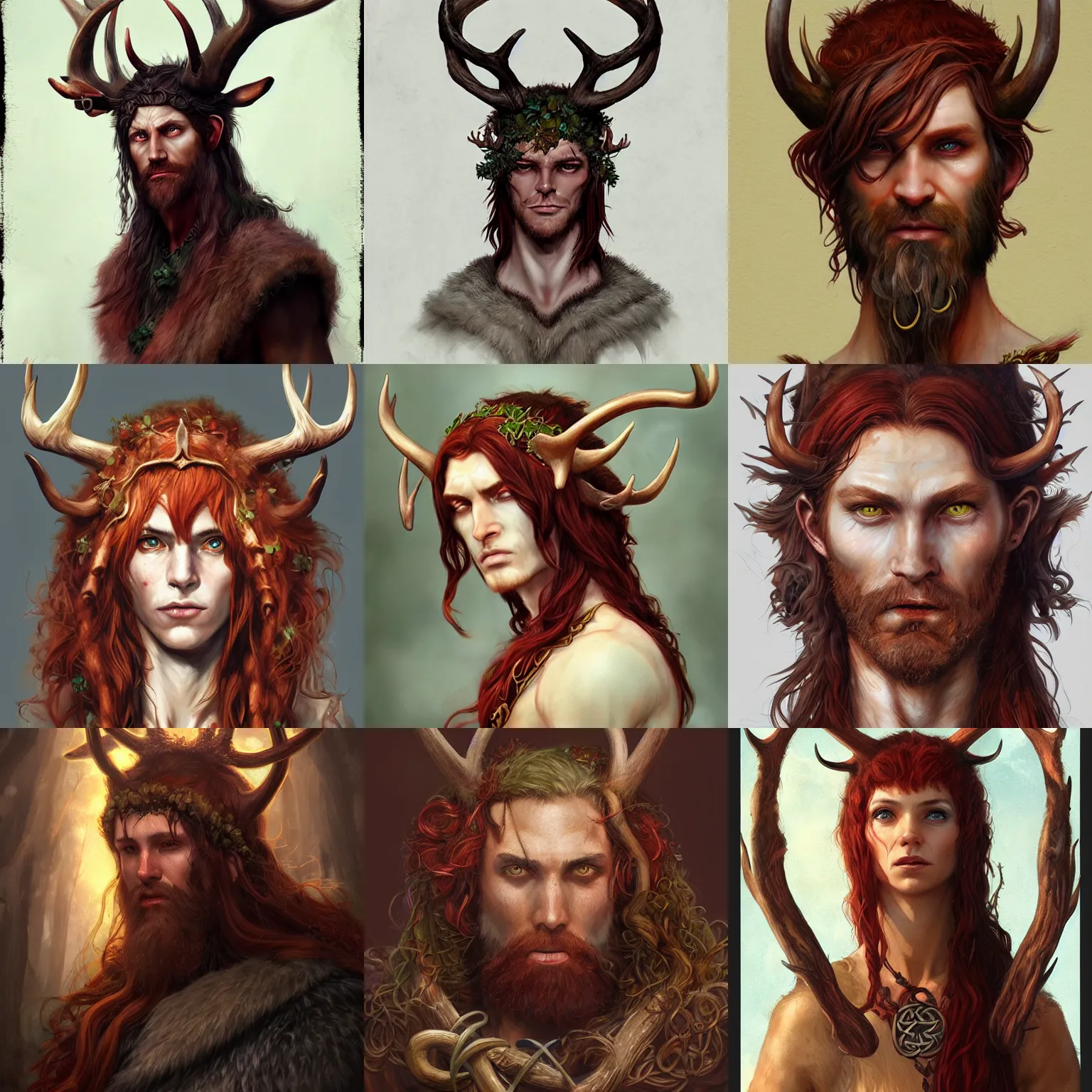 Image similar to celtic druid, satyr, reddish hair, antlers, D&D, fantasy, portrait, highly detailed, headshot, digital painting, trending on artstation, concept art, sharp focus, illustration, art by artgerm and greg rutkowski and magali villeneuve