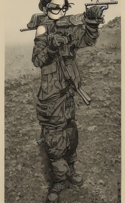 Image similar to manga, monochromatic, toriyama akira, portrait of soldier girl shooting with a rifle, another scene