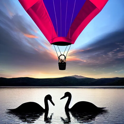 Image similar to photo of two black swans swimming in a beautiful reflective mountain lake, touching heads, forming a heart with their necks, a colorful hot air balloon is flying above the swans, hot air balloon, intricate, 8k highly professionally detailed, HDR, CGsociety