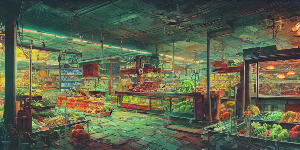 Prompt: fruit store, 1 9 8 0, retrofuturism, cluttered, wires everywhere, window, at night, dramatic lighting, alien technology, detailed by simon stalenhag