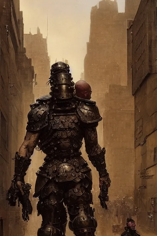 Image similar to a soldier on city street accompanies martyn ford as a huge bipedal dhell emon with bulbous torso wearing armour, painted by ruan jia, raymond swanland, lawrence alma tadema, zdzislaw beksinski, norman rockwell, jack kirby, tom lovell, alex malveda, greg staples