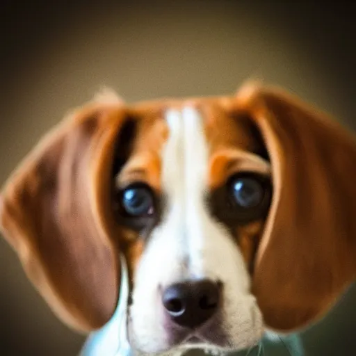 Prompt: “A cartoon Beagle puppy with big exaggerated eyes looks up at the camera sweetly, soft focus, bright colors, high detail”