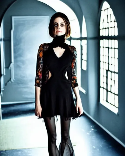 Prompt: style of finnian macmanus : : gorgeous willa holland : : evil witch, swirling black magic, black dress : : symmetrical face, symmetrical eyes : : full body pose : : gorgeous black hair : : magic lighting, low spacial lighting : :