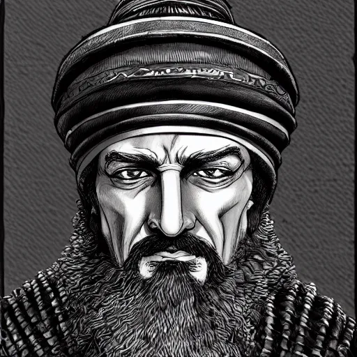 Prompt: a close up portrait of an old Sultan Saladin, art station, highly detailed, concept art, sharp focus, illustration in pen and ink, wide angle, by Kentaro Miura