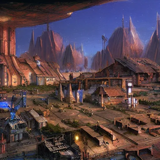 Image similar to a medieval village next to a cyberpunk spaceport spaceship dock. used future aesthetic. digital matte painting by james gurney and david mattingly.