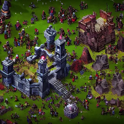Prompt: Evil mage is standing on top of his tower, raising hands up high and leading his horde of zombies to outer lands. Isometric, high angle, big scale battle map. Highly detailed digital art, unreal engine.