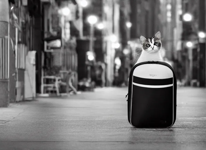 Image similar to photography of a Cat being carried in an half open backpack . in a new york street. award winning photo, led lighting, night, 130mm, sharp, high res