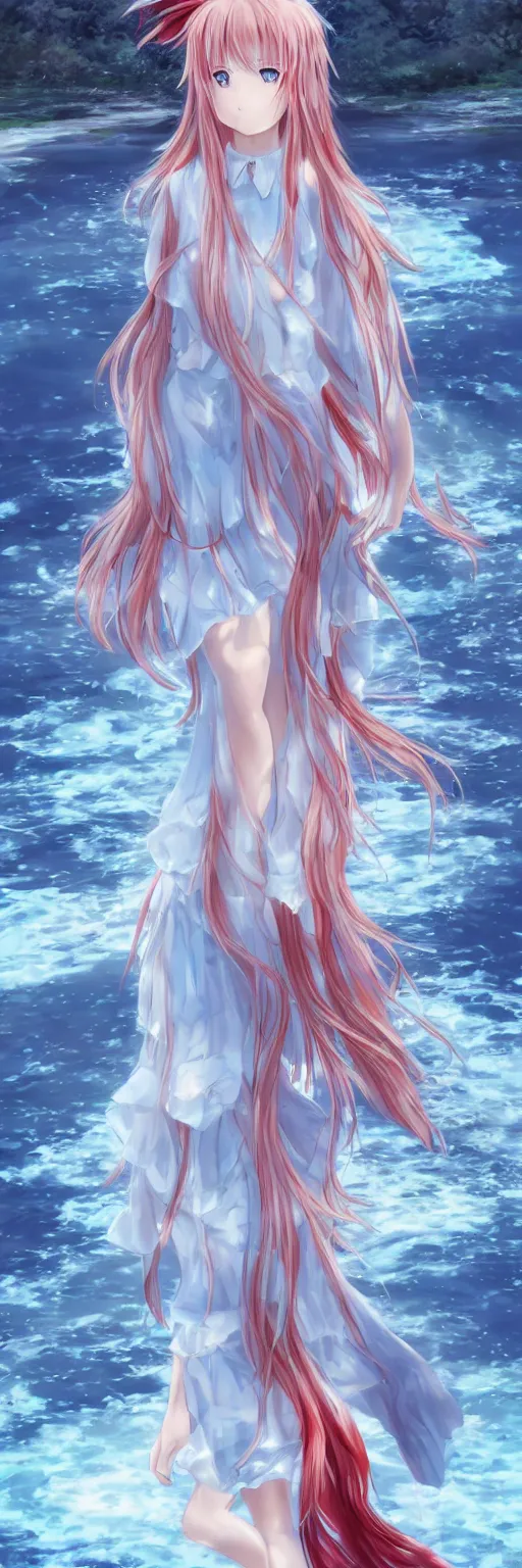 Image similar to advanced digital anime art, a very cute gorgeous teenage girl wearing a dress made of water standing in a reflective lake, full body, very long snow colored hair, sky blue highlights in hair, red fiery watery eyes, full round face, dramatic cinematic lighting, wideshot, highly intricately detailed, trending on pixiv, Artstation, painted by Rossdraws and the style of Sakimimichan