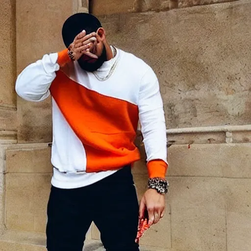 Image similar to drake, red white and orange colored outfit