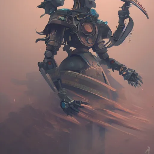 Image similar to robot as an samurai, backround dark, highly detailed, digital illustration, trending in artstation, modern painting, smooth, sharp focus, intricate, by peter mohrbacher