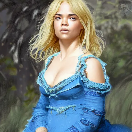 Image similar to full figure ultra realistic illustration, tessa thompson wearing a maiden blue dress, blonde flowy hair, old west, intricate, elegant, highly detailed, digital painting, artstation, concept art, smooth, sharp focus, illustration, art by artgerm and greg rutkowski and alphonse mucha