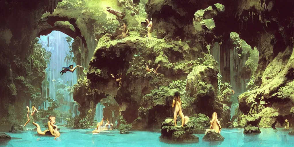 Prompt: a tropical cave that renovate as a luxury interior as several beautiful women bathe in the waters by syd mead, frank frazetta, ken kelly, simon bisley, richard corben, william - adolphe bouguereau, detailed sci - fi architectural concept art