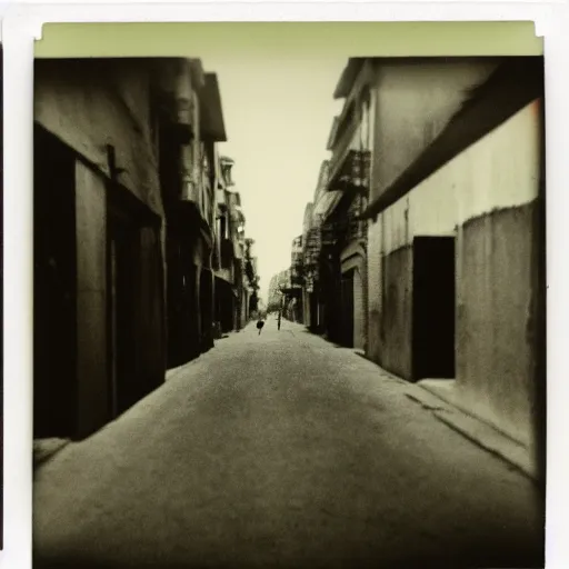 Image similar to A polaroid of aa street with no one on it but a horrifying creature. Black and white, grainy, dark colors, cinematic lighting, hyper detailed.