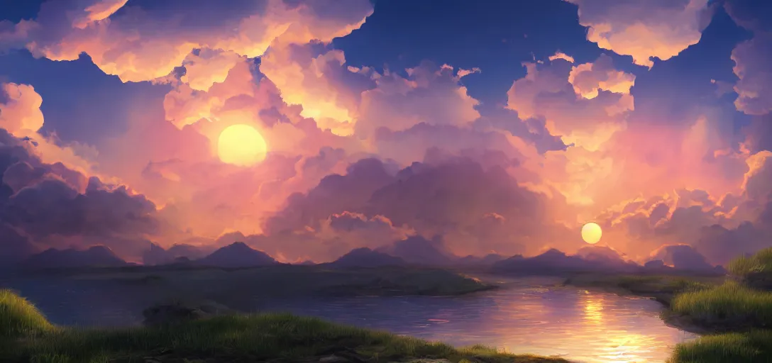 Prompt: peaceful puffy cloud with sunset in the background, matte painting, trending on artstation, artstationHQ, unreal engine, 4k, 8k, anime style