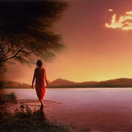 Image similar to Photo of the most beautiful woman, she is posing, she is walking on a river, she is getting ulluminated by the rays of the sunset, the photo was taking by Steve McCurry, matte painting, oil painting, naturalism, 4k, 8k