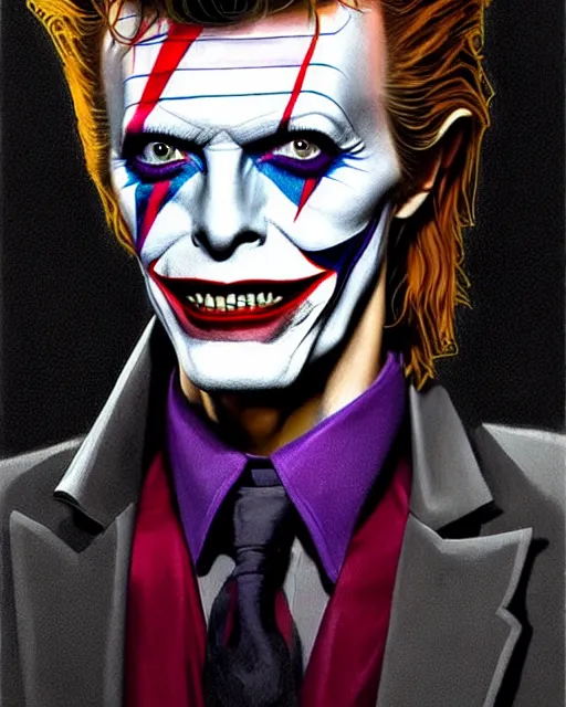 Image similar to character full body portrait of david bowie as the joker | | realistic shaded, unpleasant face, bad looking, fine details, realistic shaded lighting poster by greg rutkowski, magali villeneuve, artgerm, jeremy lipkin and michael garmash and rob rey