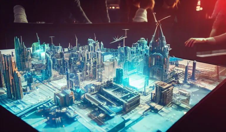 Image similar to crowd of people in humble warehouse, looking at hologram of futuristic city on a table, cinematic concept art, godrays, golden hour, natural sunlight, 4 k, clear details, tabletop model buildings, center model buildings, hologram center, crane shot, crane shot, crane shot