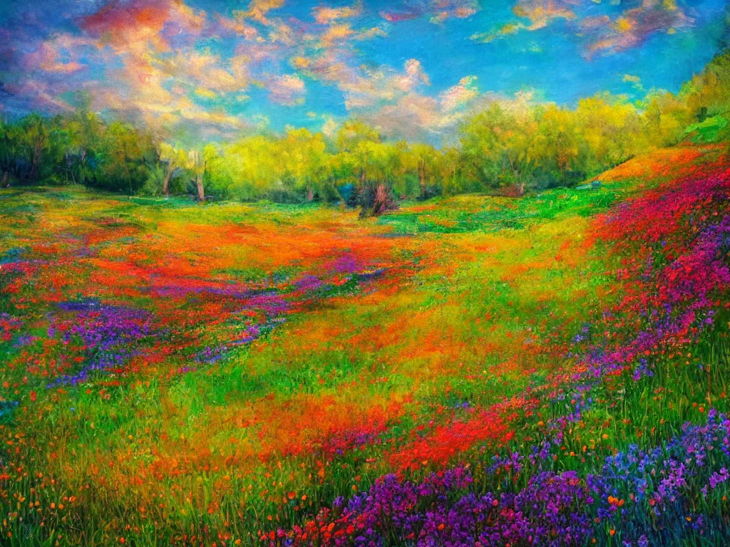 Image similar to an impressionist painting of a gorgeous meadow filled with colorful mushrooms with a stream flowing through it, psychedelic colors, colorful sky in background, high detail, trending on artstation