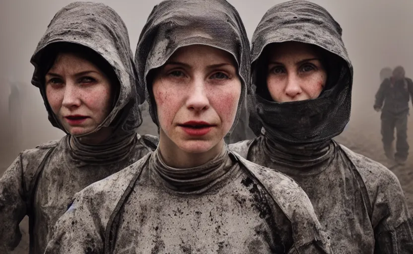 Image similar to cinestill 5 0 d photographic portrait by helen levitt of a group of android women wearing rugged black mesh techwear in a foggy cement maze, extreme closeup, modern cyberpunk, dust storm, 8 k, hd, high resolution, 3 5 mm, f / 3 2, ultra realistic faces, intricate detail, ex machina