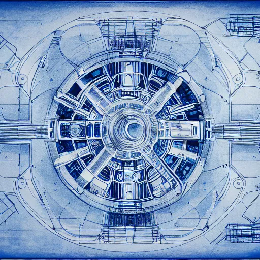 Image similar to blueprint of spaceship, technical drawing on blue paper, intricate detail, centered with clean background, studio lighting, 8 k