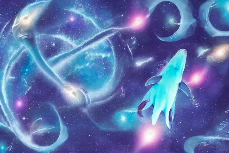 Image similar to a group of cosmic dolphins jumping out of a cosmic ocean in space, half of the screen is cosmic ocean