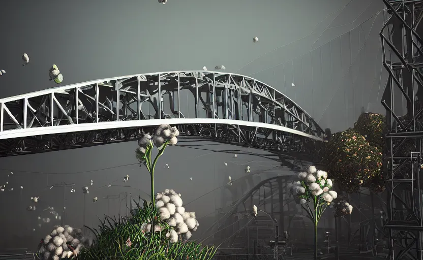 Prompt: explosions in the form of realistic cotton plants hit big harbour bridge, smooth, sharp focus, highly detailed, 3 d octane render, epic lighting, dark atmosphere, 8 k, by goro fujita