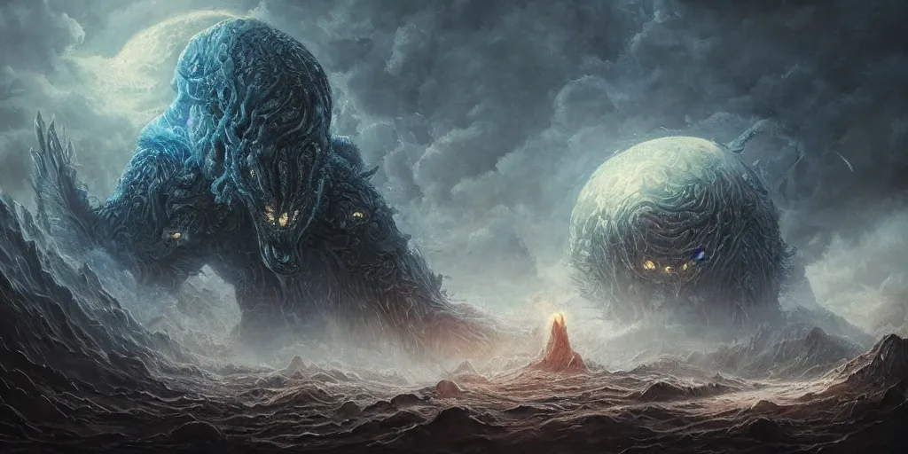 Image similar to concept art of giant kaiju, lovecraftian, roaring, melting horror, round moon, rich clouds, fighting the horrors of the unknown, mirrors, very detailed, volumetric light, mist, grim, fine art, decaying, textured oil over canvas, epic fantasy art, very colorful, ornate scales, anato finnstark