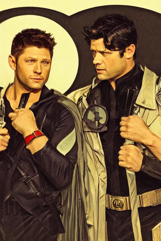 Prompt: a detailed matte portrait of jensen ackles and misha collins dressed as the adam west batman and robin, masterpiece, 8 k, art by alphonse mucha and greg rutkowski