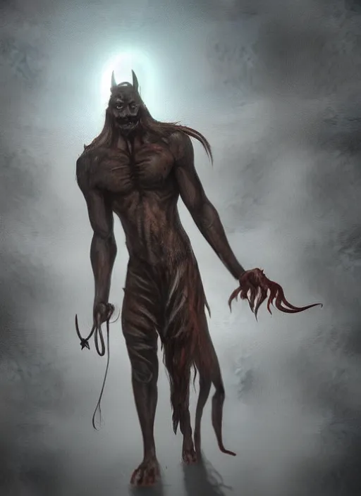 Prompt: terrific jinn demon with hoof on his feet with long cloth, horror, dark atmosphere, harsh lighting, cinematic lighting, scary, award wining art, artstation, high details, concept art, 4 k