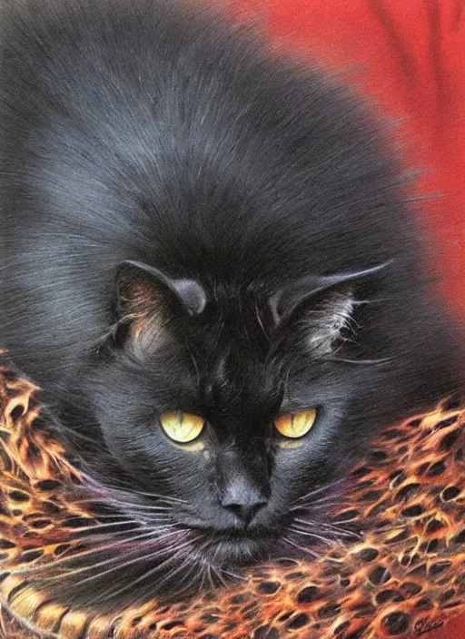 Image similar to a big black cat, no fur!!!!!! covered with feathers, by bob eggleton, magnificent, ultra detailed,