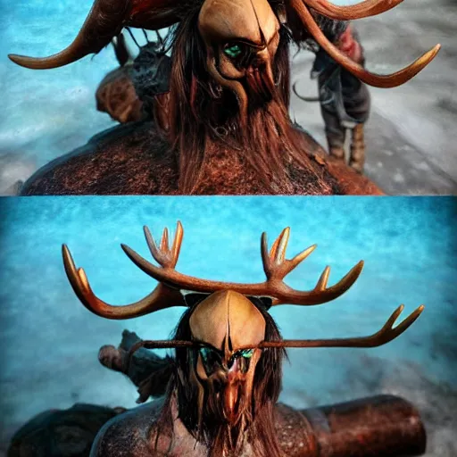 Image similar to anthropomorphic moose pirate humanoid by tooth wu, pirate ship, sea, fantasy