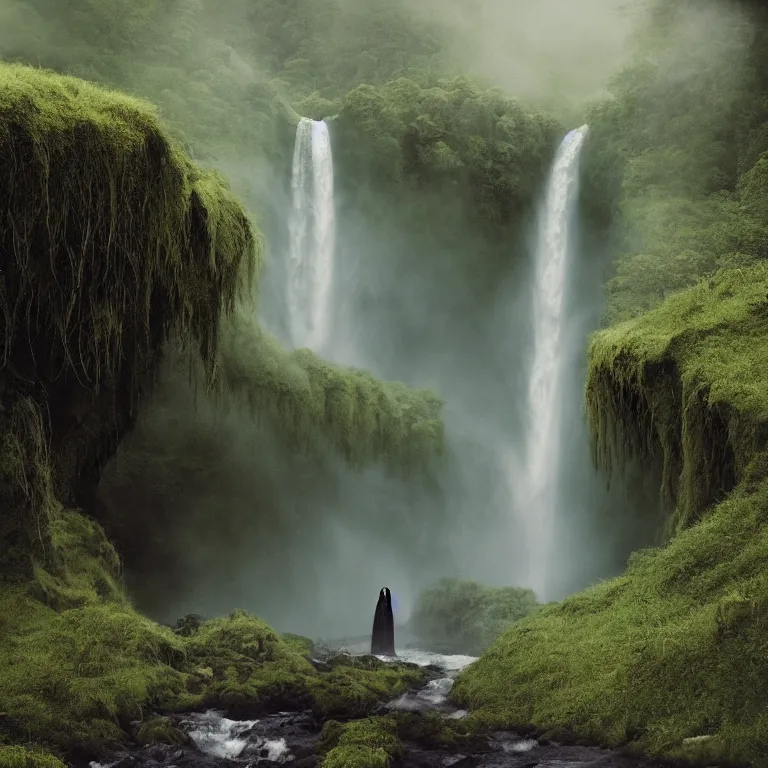 Image similar to dark and moody 1 9 8 0's artistic color spaghetti western film, a giant tall huge woman in an extremely long dress made out of waterfalls, standing inside a green mossy irish rocky scenic landscape, huge waterfall, volumetric lighting, backlit, atmospheric, fog, extremely windy, soft focus