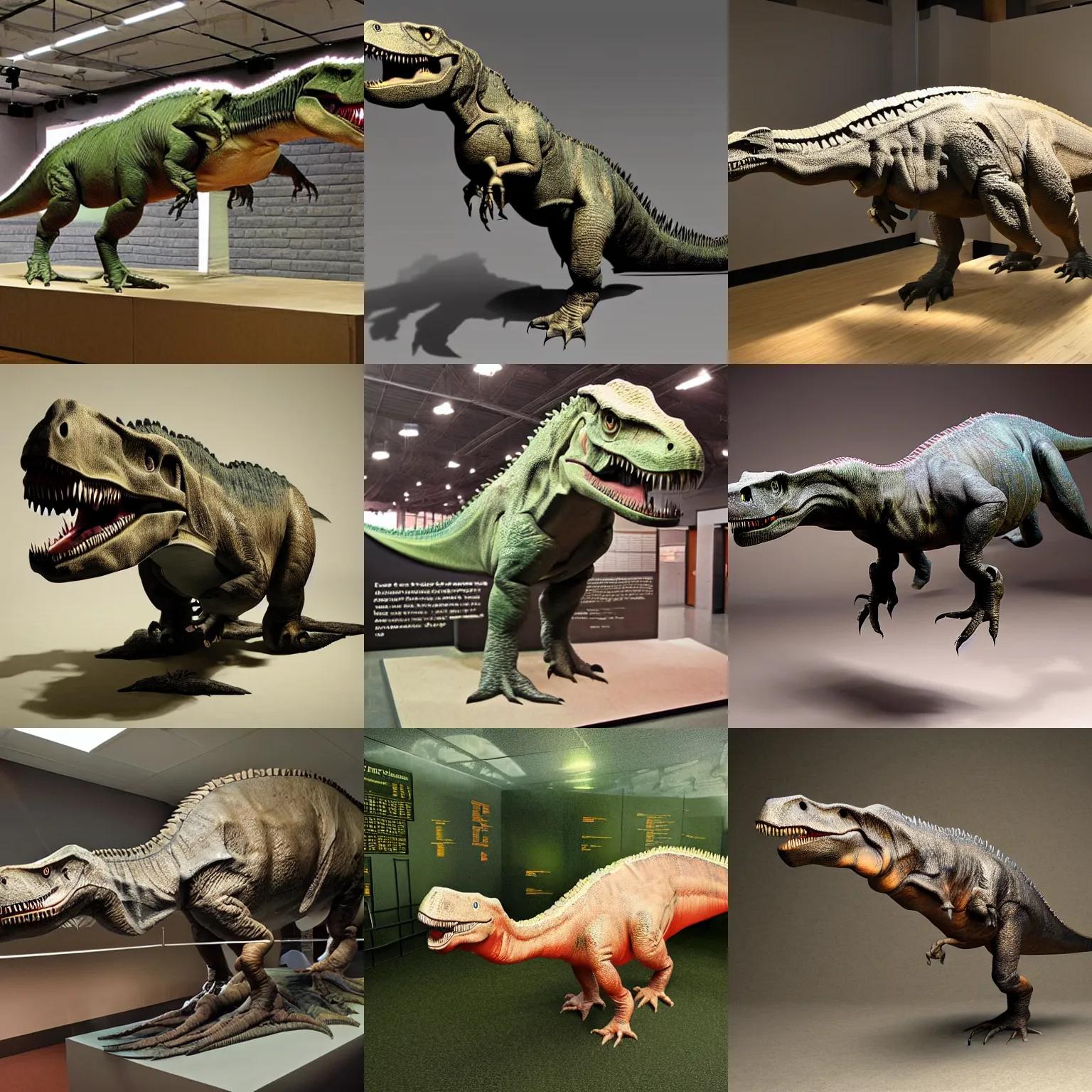 Prompt: dinosaur museum style reconstruction of a t - rex, non shrink wrapped, appropriate fat levels, feathers realism