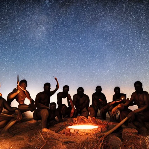 Prompt: an australopithecus tribe gathering, pointing to the stars, fire pit, ambient lighting, orange pallete, anatomically correct, beautiful starry skies, 4k photo,