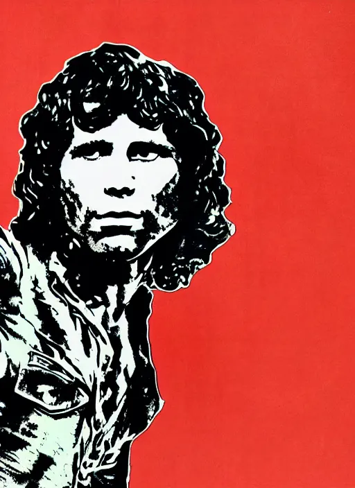 Image similar to Jim Morrison, Detailed, 1970's, Art Poster, Screen print, Cream paper, black, red and cyan ink