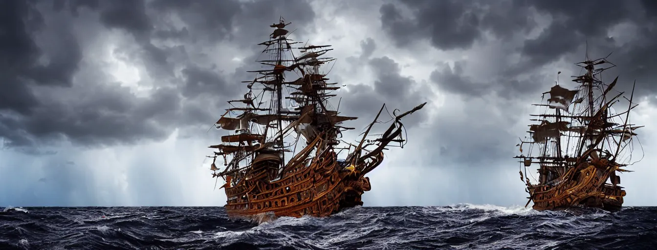 Prompt: pirate ship in the middle of the ocean, thunderstorms